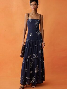 Caara Sleeveless Navy Botanical Print Tiered Maxi Dress NWT Sz 0